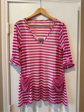 Lynn Ritchie Silver Pink & White Striped Blouse w/ White Lace Tank Top Coverup